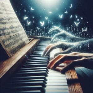 Pianos - uma grande imagem das mãos a tocar piano com uma partitura