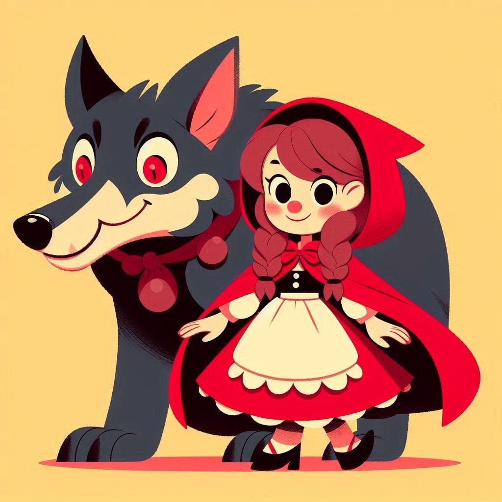 Animação Tradicional - Capuchinho Vermelho e o Lobo Mau em estilo de animação clássica com cores sólidas